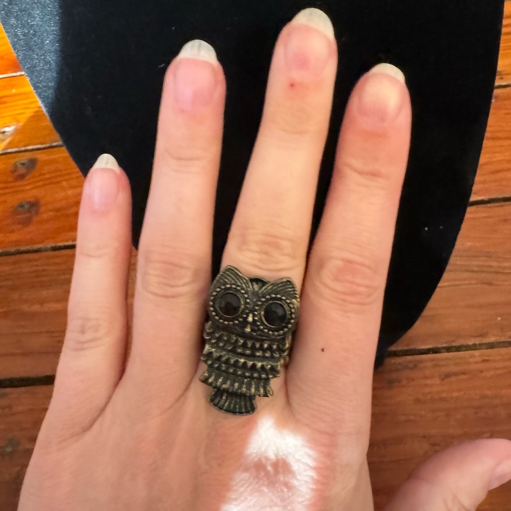 Bronze Black Crystal Rhinestone Owl Stretch Ring